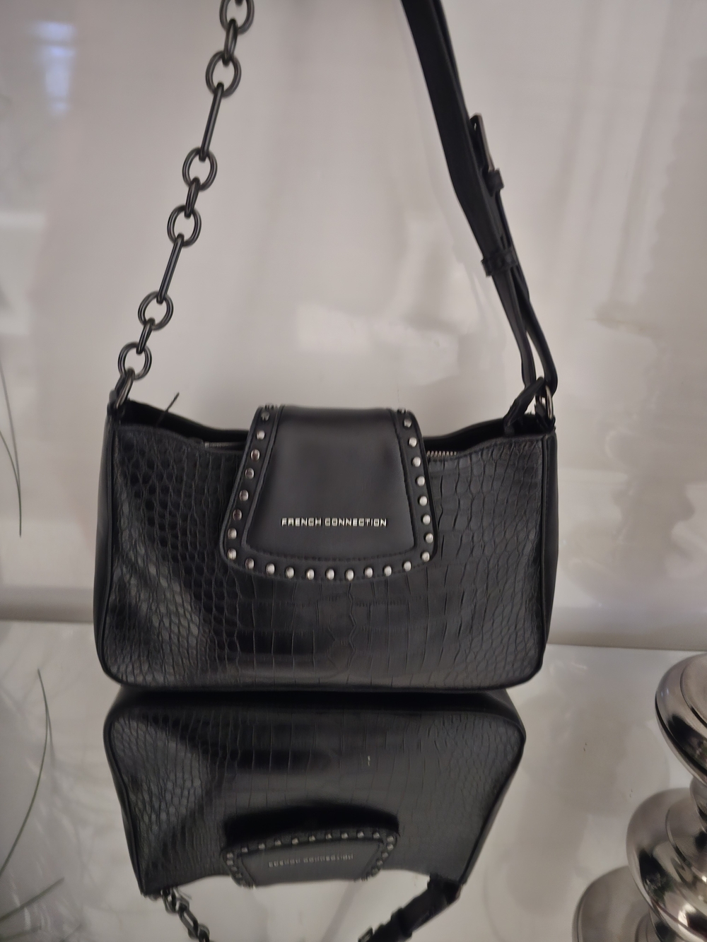 French Connection Black Croc-Embossed Shoulder Bag